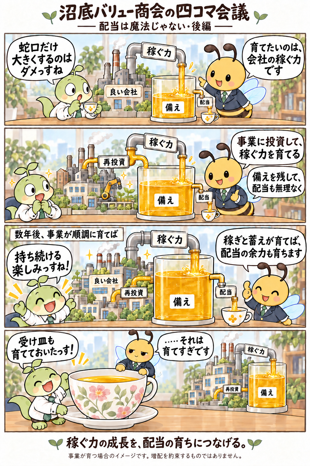 四コマ漫画「配当は魔法じゃない」後編。「稼ぐ力」の管から「備え」の水槽に水が入り、「再投資」で会社が育ち、配当の蛇口も少し大きくなる。最後は日向が巨大なカップを用意し、花岡が「育てすぎです」とつっこむ。