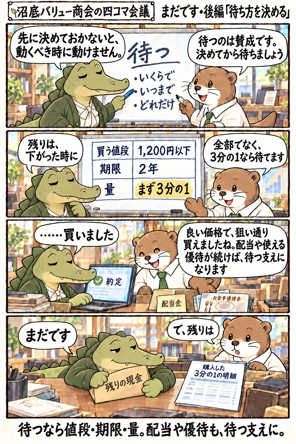 四コマ漫画「まだです」後編。ホワイトボードに「待つ」と書いた待伏に、河内がいくらで・いつまで・どれだけを決めてから待とうと提案する。買う値段1,200円以下・期限2年・量はまず3分の1と決め、待伏が初めて買う。残りを聞かれると、また「まだです」。