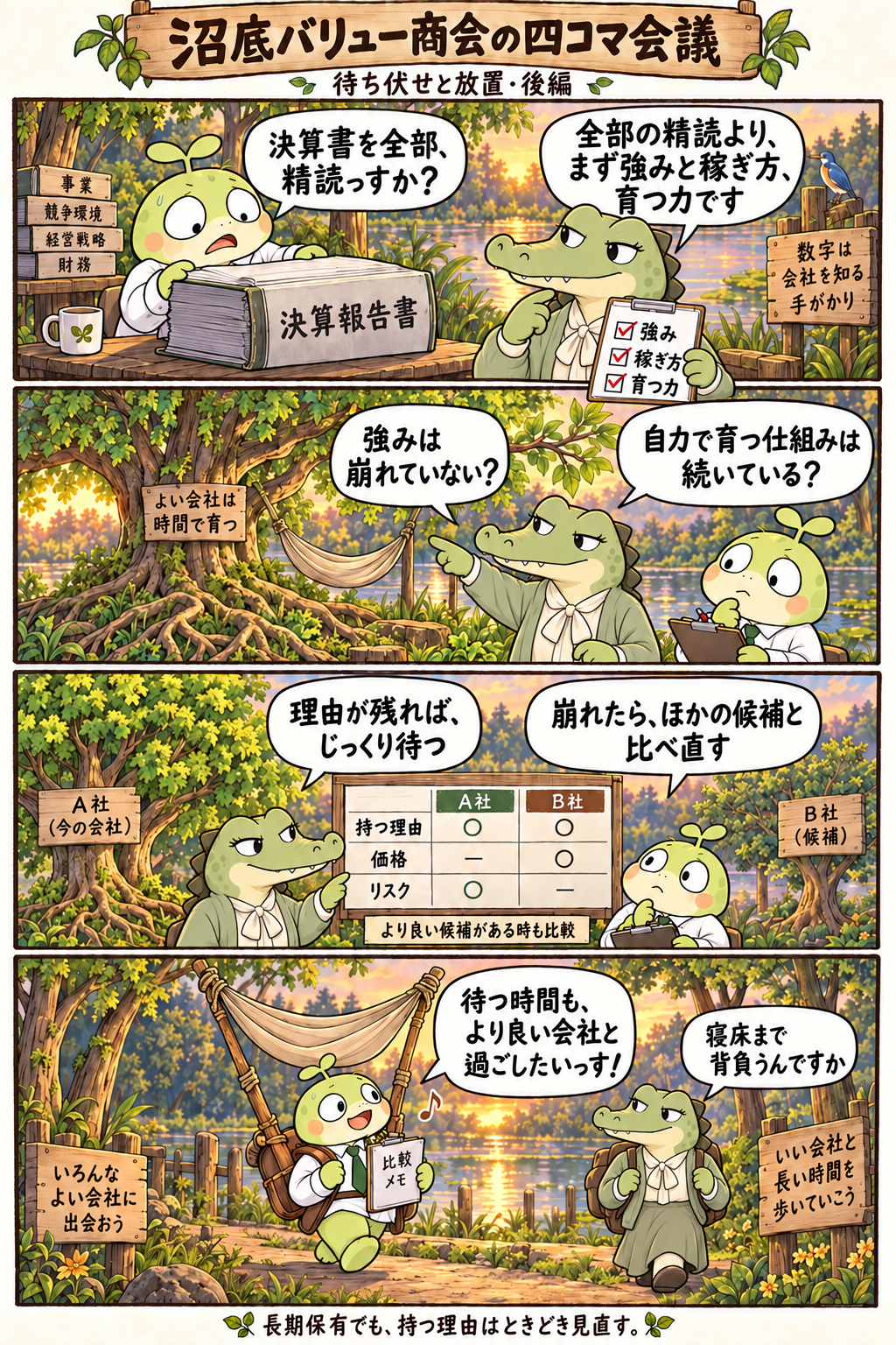 四コマ漫画「待ち伏せと放置」後編。分厚い決算報告書に怯える日向に、待伏が強み・稼ぎ方・育つ力の3点を示し、理由が崩れたらA社とB社を比べ直すと説明する。最後はハンモックを背負って歩き出す日向に待伏がつっこむ。