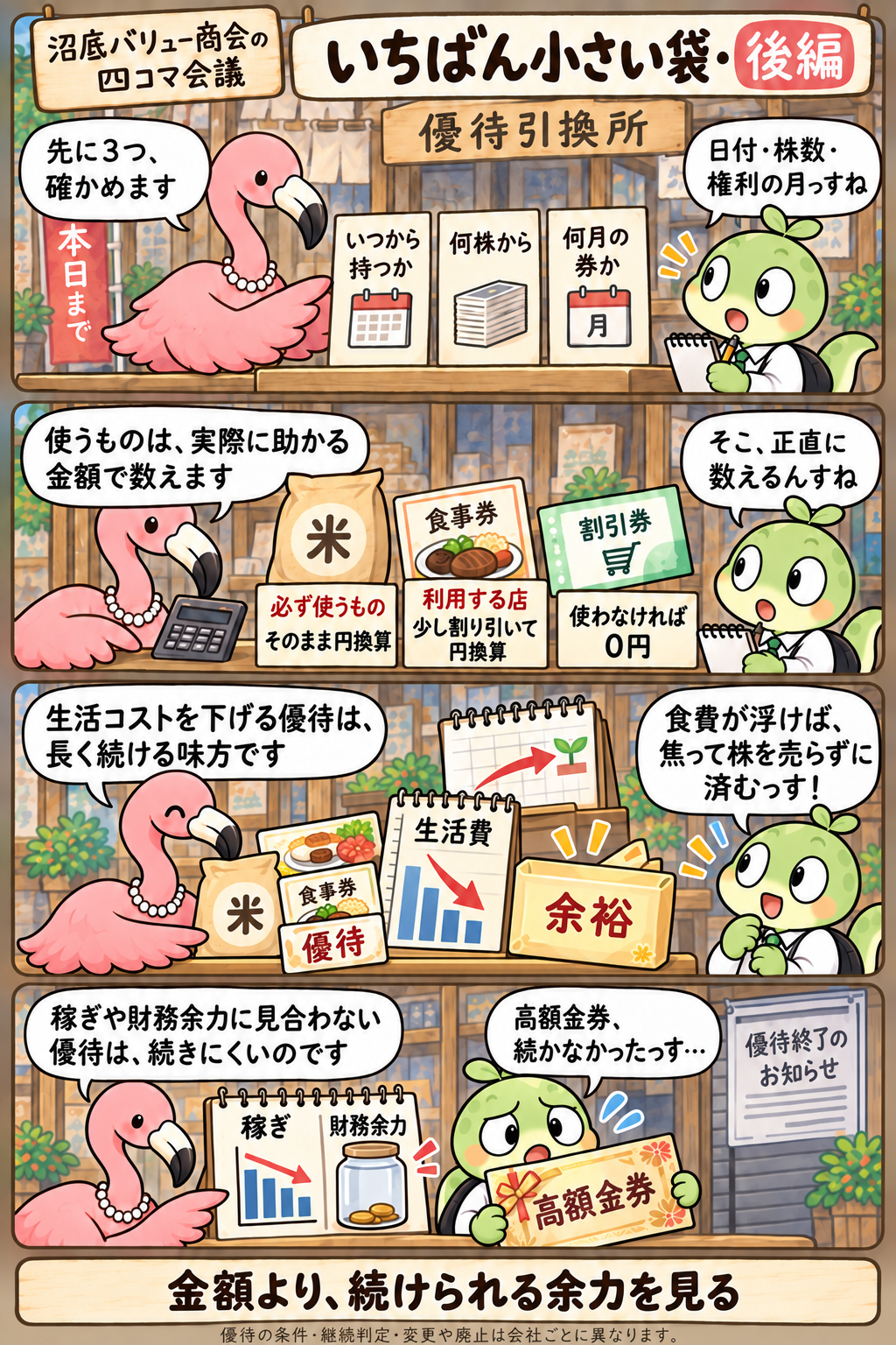 四コマ漫画「いちばん小さい袋」後編。優田が、いつから持つか・何株から・何月の券かの3つを先に確かめると説く。優待は必ず使う米はそのまま、食事券は割り引いて、使わない割引券は0円として数える。生活コストを下げる優待は焦って株を売らずに済む味方になるが、稼ぎや財務余力に見合わない高額金券は続かず、優待終了のお知らせが貼り出される。