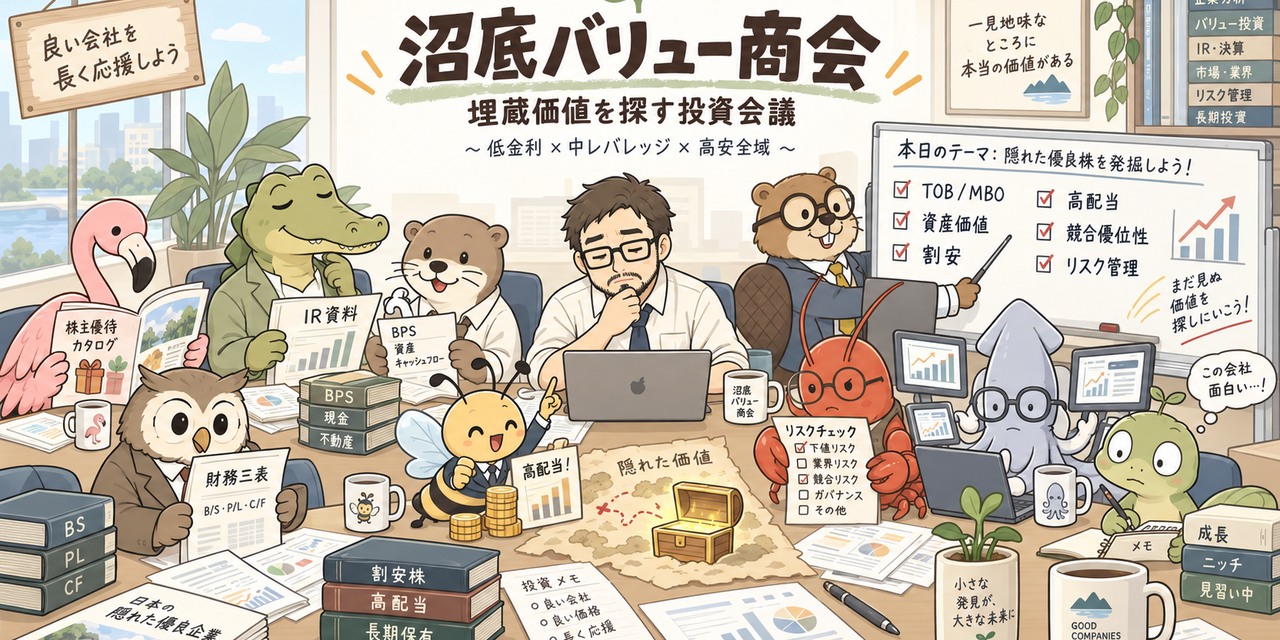 沼底バリュー商会のメンバーが一次資料を囲んで企業価値を調べるイラスト