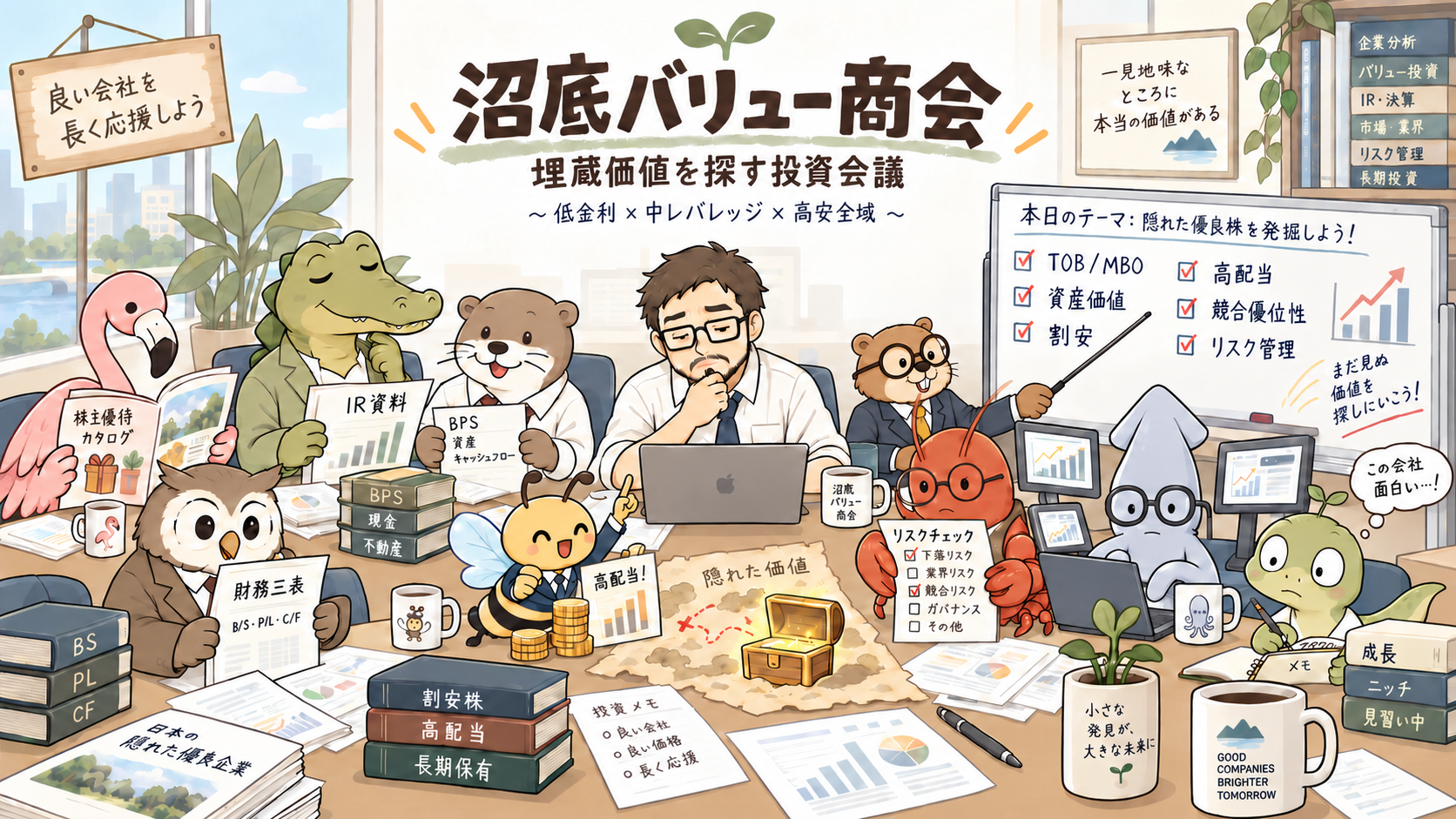 沼底バリュー商会のメンバーが一次資料や決算書を囲んで企業価値を調べるイラスト