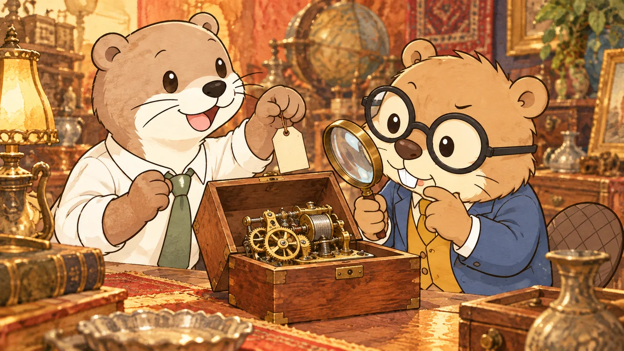 骨董の机で値札をつまみ上げるカワウソの河内と、箱の中の歯車を虫眼鏡でのぞくビーバーの堀田
