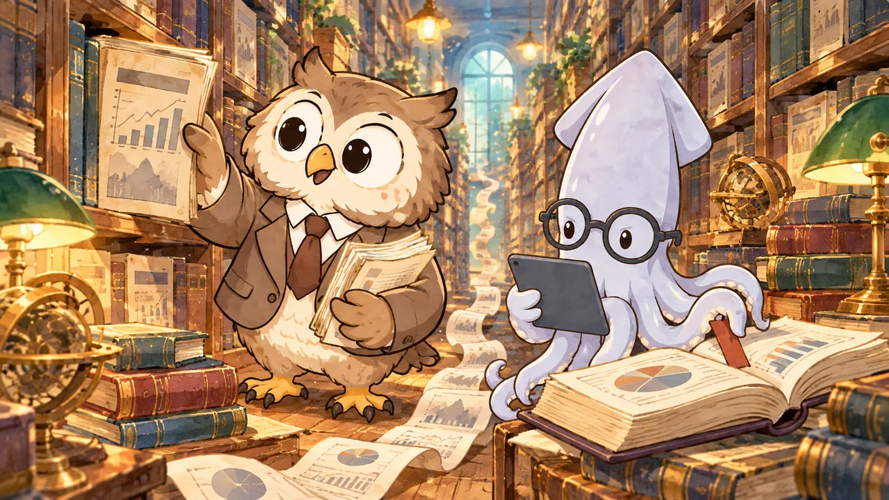 図書館で古い資料のグラフを掲げるフクロウの夜見と、タブレットを手に大きな本を開くイカの墨田