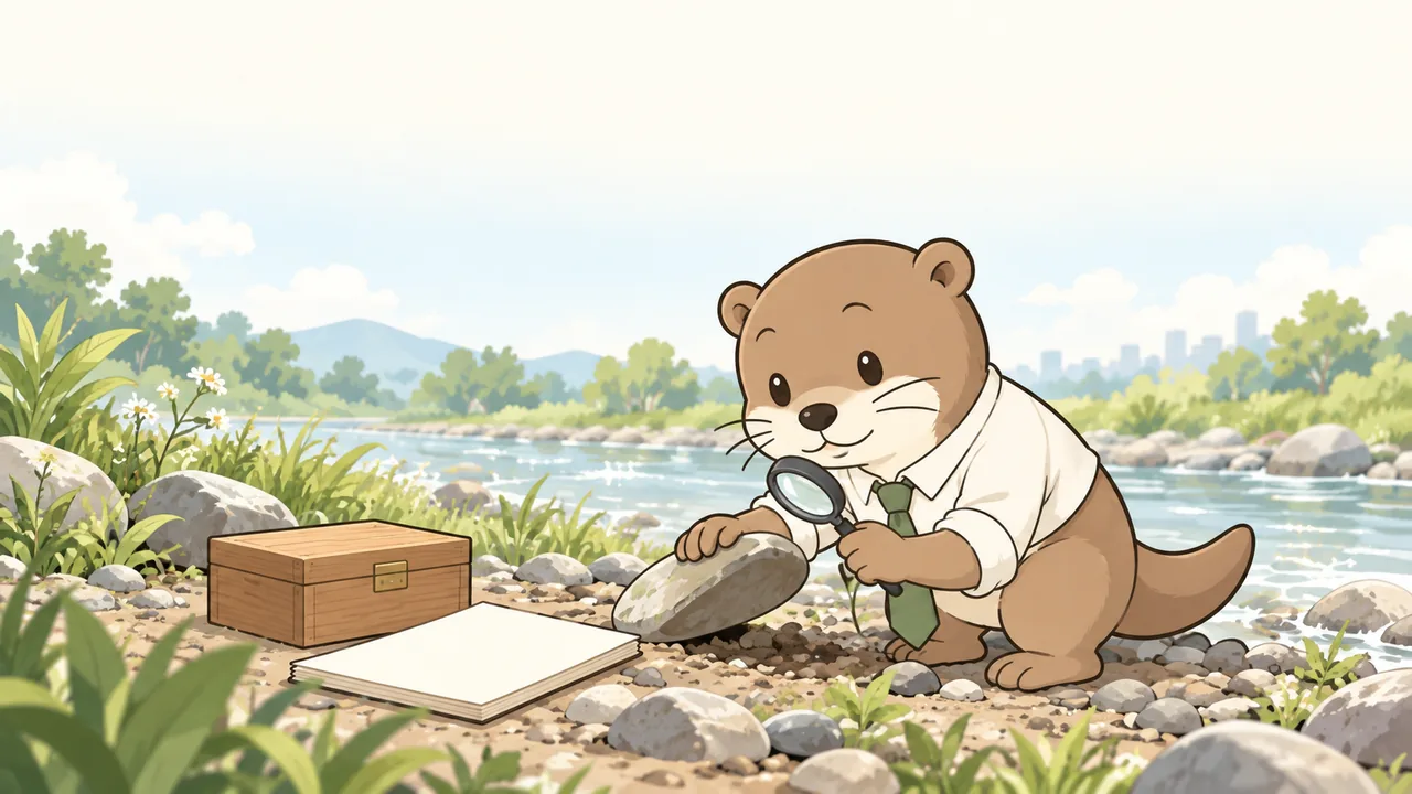 川辺で虫眼鏡をのぞきこみ、石のあいだの小箱を見つけたカワウソの河内