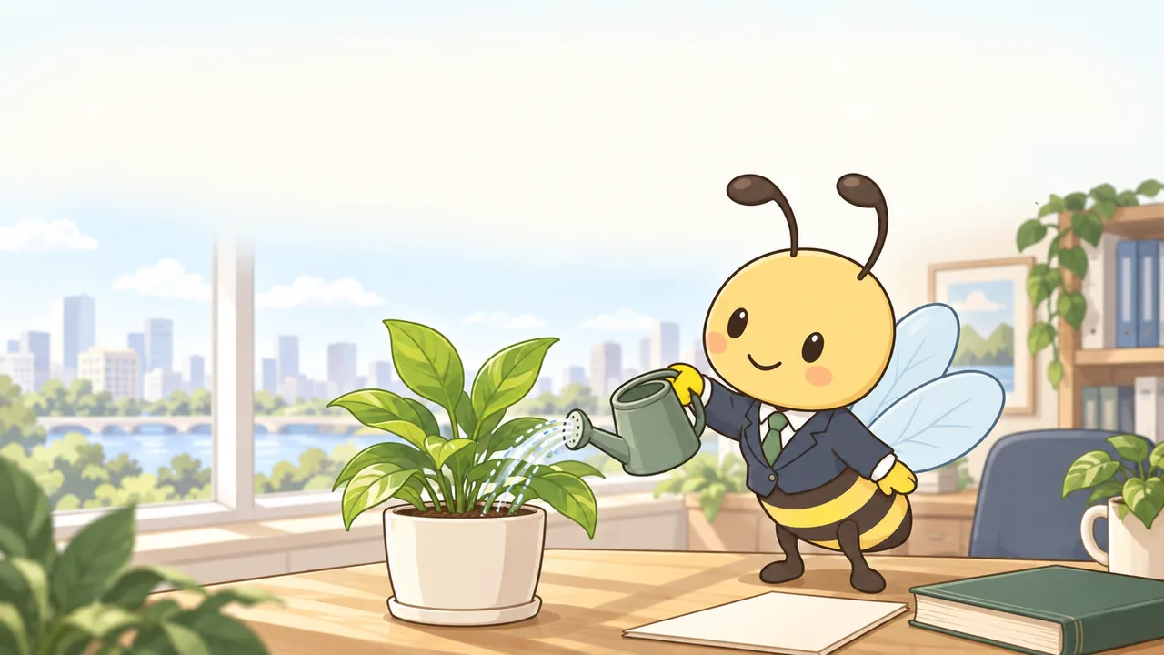 窓辺の観葉植物にじょうろで水をやるミツバチの花岡
